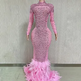 핑크 아라비아 다이아몬드 이브닝 드레스 고급스러운 레이스 파란색 댄스 파티 드레스 ASO EBI MERMAID LONG SLEEVES 이브닝 드레스 2023 깃털 형식 파티 두 번째 리셉션 가운