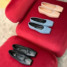 Top quality Denim leather Bowtie square toe pumps Ballet flats Shoes slip-on loafers womens sandal Luxury designer dress shoes Office shoes Black apricot denim