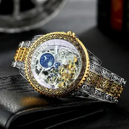 Armbandsur Vinnare Luxury Moon Phase Skeleton Mechanical Watches Gold Engraved Automatic Men Watch rostfritt stål Rem lysande 231027