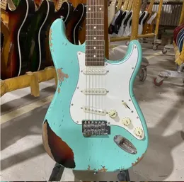 st Electric Guitar with Blue-Green Color, Elder Body, Relic, 100% Hand Made, Support Customization,