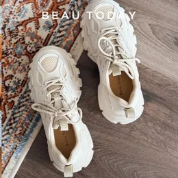 Sapatos de vestido BeauToday Chunky Sneakers Mulheres Genuíno Couro Malha Patchwork Redondo Toe Lace Up Grosso Sole Senhoras Handmade 29448 231030