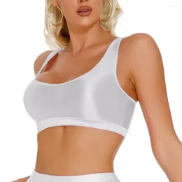 Conjuntos de sutiãs Sexy Crop Top Mulheres Brilhantes See-through Colete Yoga Camisetas Ginásio Sports Bra U Neck Tank Tops Blusa Transparente