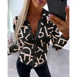 Bluzki damskie 2023 Casual Summer Autumn Kobiety Modne drukowanie eleganckie długie rękawie Turn-Down Collar Office Dame Tops