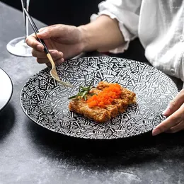 Черная керамическая тарелка в европейском стиле, простая круглая матовая посуда для стейка в ресторане, посуда для основных блюд