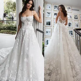 Lace Wedding Dress 2024 Square Neck Sleeveless Bohemian Bridal Ceremony Rehearsal Reception Engagement Party Dance Gown Boho Chapel vestidos de novia Straps