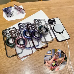 Luxuriöse Beschichtung mit klarem Ring, Ständer, magnetisch, für kabellose Magsafe-Ladehüllen mit Kameralinse, Glas, weiche TPU-Abdeckung für iPhone 15 14 13 12 11 Pro Max XR X 8 7 Plus