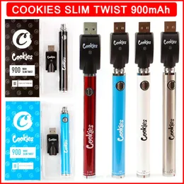 Neue Cookies Slim Twist Vape Pen Batterie Bottom Spinner 900 mAh VV vorheizen 3,3–4,8 V dicke Öl-Verdampferkartusche Vapes Batterien für 510 Gewinde