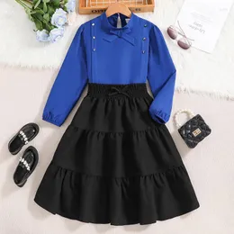 Kız Elbiseler 2023 Kız Elbise Uzun Kollu Mavi T-Shirt Siyah Ruffles Etek Sevimli Tasarımcı Prenses Vestido 8-12t