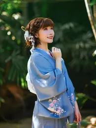 Ethnische Kleidung, japanischer Stil, traditioneller Kimono für Damen, Retro-blaue Farbe, Blumendrucke, Yukata-Set, Cosplay-Kleidung, Bühnenkleid