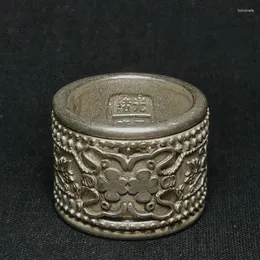 Dekorativ figurkollektion gammal kinesisk tibet silver snidande blomma tum ring dubbel däck sväng