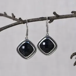 Kolczyki Dangle FNJ Square 925 Srebrny oryginalny pure S925 Sterling Drop Folrring dla kobiet biżuteria czarny kamień shajing