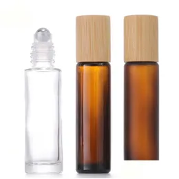 Şişelerde Yuvarla Toptan Bambu Kapama Cam Silindir Şişeler 15ml Amber Clear Buzlu Kozmetik Rulo Konteyner Metal Top Damla Del Dhfqt