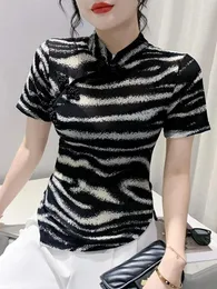 Women's T Shirts Winsleter Streetwear Tshirt Kort ärm Stretchy Tees Women Sexig Stand Collar Leopard Print Slim Mesh Tops Summer T37541QM