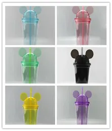 8 colors Mouse Ears Acrylic Clear Tumbler 15oz with Straw Double Walled Travel Mugs Cute Child Kid Water Bottles Perfect for DIY P8414065