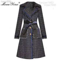 Trench Coats Moaayina Woolen Cloth Overcoat Singlebreasted Tassel Long Plaid