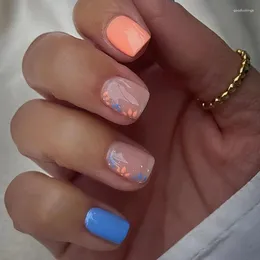 Falsas Nails 24pcs Naranja Azul Diseños Presione en las puntas de las uñas Rosa Blanco Artificial Falso Cuadrado Corto Francés Coreano con