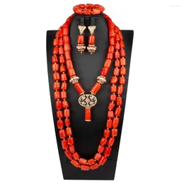 Necklace Earrings Set Fashion African Wedding Jewelry Coral Beads Natural Golden Pendant Handmade Design Bride Accessorise Nigeria Party