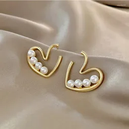 Stud Earrings Vintage Pearl Love Heart For Women Show Thin Face Gold Color Ladies Ear Studs 2023 Trend Jewelry Earings Accessories