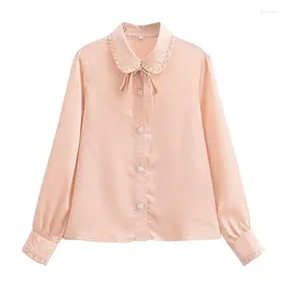 Blusas de mujer 2023 camisa de manga larga con decoración de lazo en el pecho con perlas para primavera y otoño Tops versátiles informales a la moda