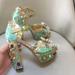 Sandals Pearl Embellished Platform Bling Crystal Beaded High Chunky Heel Jewelry Floral Pumps