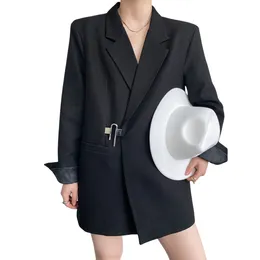 여자 느슨한 긴 검은 블레이저 드레스 여자 블레이저 재킷 정장 재킷 파티 형식 착용 견고한 노치 스트리트 스타일 펑크