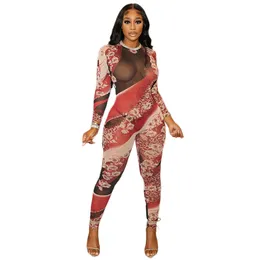 Designer Sexy Mesh Jumpsuits Women Fall Bodycon Rompers Long Sleeve Printing See Through Jumpsuits One Piece Overalls Leggings Bulk Wholesale Clothes 10290