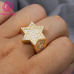 Custom Made Jewellery High End Luxury 14k Real Yellow Gold Iced Out Moissanite Hip Hop Star Ring for Men Wedding Engagement