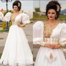 Turkey Arabic caftan White Evening Dresses With Gold Lace Appliques Beaded Puff Long Sleeves Prom gown Karakou algerie