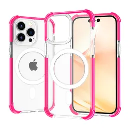 Acrylic Magnetic Wireless Charge Phone Case For iPhone 13 14 15 Pro Max Plus Four Corners Protective Transparent Hard Cover Colourful Bumper Back Case