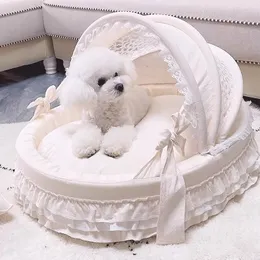 Kennes Pens Pet Cradle łóżko z bawełnianym szczeniakiem Kitten Princess Bed - Pet Sofa Dog Poduszka Puppy Cradle Bed Morandi Beige 231030