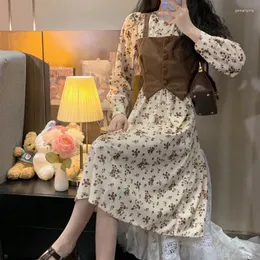 캐주얼 드레스 드레스 여자 가을/겨울 한국 스타일의 플로럴 프린트 버튼 긴 소매 패션 멍청이 드롭 YPH303