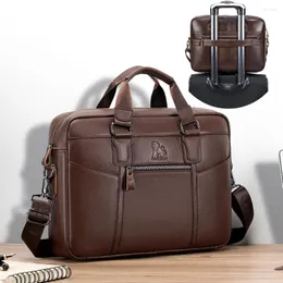 Briefcases LAOSHIZI Men's Briefcase Crossbody Bag Genuine Leather 14 Inch Laptop Case Cowhide Office File 15 Ca