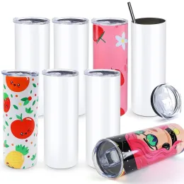 US/CA Stocked 25pcs/Pack 20oz Sublimation Blanks Straight Tumblers Stainless Steel Vacuum Insulated Car Mugs with straw lids 1030