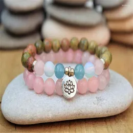 Charme pulseiras cura pedra meditação lotus pulseira conjunto rosa quartzs flor yoga mala empilhamento para mulheres menina