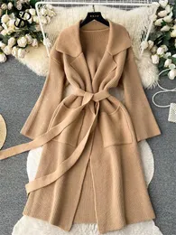 Women's Knits SINGREINY Winter Loose Knitted Overcoat Lapel Neck Long Sleeves Lace Up Streetwear 2023 Autumn Casual Sweater Cardiagns