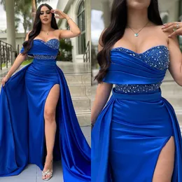 Elegant Royal Blue Mermaid aftonklänningar med löstagbara överskjolar Saveetheart Split Party Prom Dress Sweep Train Gleath Long Dress for Special Occasce