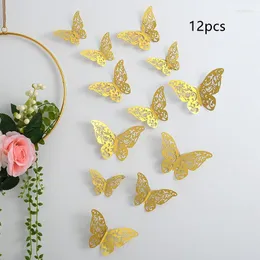 Suprimentos festivos 12pcs Golden Hollow Butterfly 3D Paper Cake Topper Decoração Simulação para decorações de festa de casamento