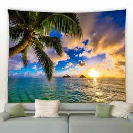 Tapeçarias Árvore tropical praia pendurado pano de parede pôr do sol mar tapeçaria natureza paisagem onda teto casa sala de estar decoração