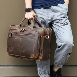 Kolejki lufan oryginalna skórzana teczka dla mężczyzny szalona skóra konia 17 -calowa laptop torebka torebka krowia męska męska torby