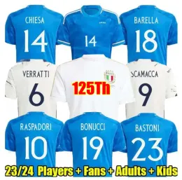 이탈리아 축구 유니폼 2023 이탈리아 저지 Scamacca Immobile Chiesa 축구 셔츠 Raspadori Jorginho Barella Bastoni Verratti Maglia Italiana National Team 125