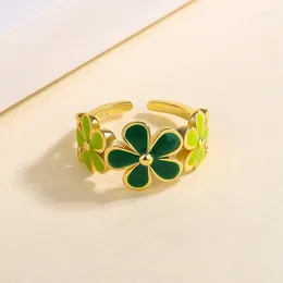 Pierścienie klastra foyuan srebrny kolor mody ciężki rzemiosło elegancki emalia zielony pierścień kwiatowy otwarty palec wskazujący biżuteria