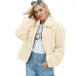 Kvinnors päls F0227 Fashion Autumn och Winter Zipper Overcoat Kort varm plysch Lapel Artificial Wool Faux Coat