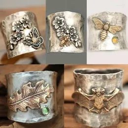 Cluster Rings Vintage Antique Jewelry Women Thai Silver Bee Flower Bat Carved Finger Ring Punk Trend Female Handmade Gifts