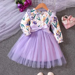 女の子のドレスガール秋の子供の服ロングスリーブパッチワーク花柄メッシュプリンセスパーティードレス16年231030