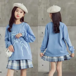 Clothing Sets Childrens Korean Long Sleeve Cute Pullover Top Pleated Plaid Skirt Set Teenage Girls 10 12 14 Years Outfits