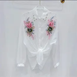 Женские блузки с длинным рукавом, весенне-осенняя блузка, женская солнцезащитная ткань с вышивкой, топы с 3D цветочным принтом, рубашка с жемчугом и бриллиантами H409