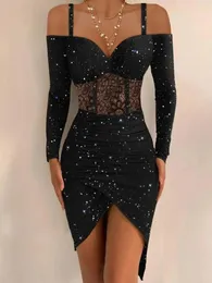 Basic Casual Dresses Women Dress Tight Sexy Hip One Shoulder Suspenders Irregular Shiny Female 231031