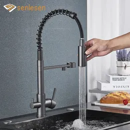 Kökskranar Senlesen Gun Gray Puryed Faucet Deck Mount Cold Mixer Crane Tap Rotation Spray Stream Mode For Filter Drink Water 231030