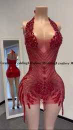 New Red See Through Women Birthday Party Dress Halter Neck Cocktail Dress Sparkly Diamond Black Girls Short Prom Dresses