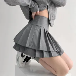 스커트 houzhou preppy 스타일 더블 주름 스커트 여성 Korean Skort 여름 Sexy Y2K High Waist Patchwork Solid Mini A-Line Casual